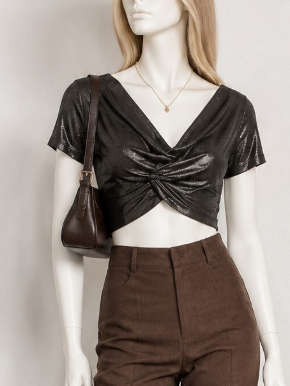 Black Metallic Shimmer Cowl Neck Twist-Front Crop Top  Size Small